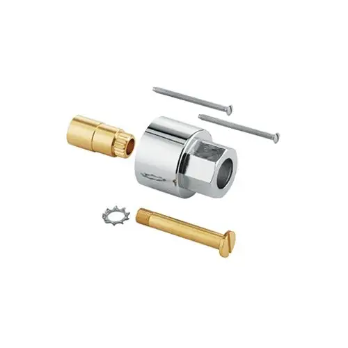 Kludi-Ersatzteil mit mehreren metallischen Komponenten, darunter eine verlängerbare Fittingeinheit, zwei Nägel und ein Sicherungsring.